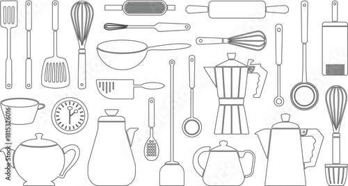 Black and White Outline of Kitchen Utensils, Teapots, Rolling Pins, and Timer Illustration