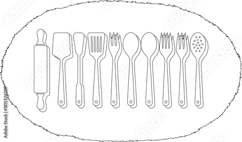 Black and White Outline of Various Kitchen Utensils Including Spoons, Forks, and Spatulas