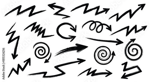 Abstract black and white illustration of swirls and arrows creating a dynamic and chaotic pattern