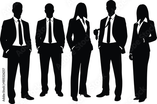 Business team silhouettes in formal suits, professional group illustration, corporate teamwork concept, leadership, office staff, vector design for branding