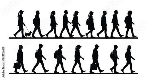 Silhouettes of people walking in different styles and carrying various items, isolated on