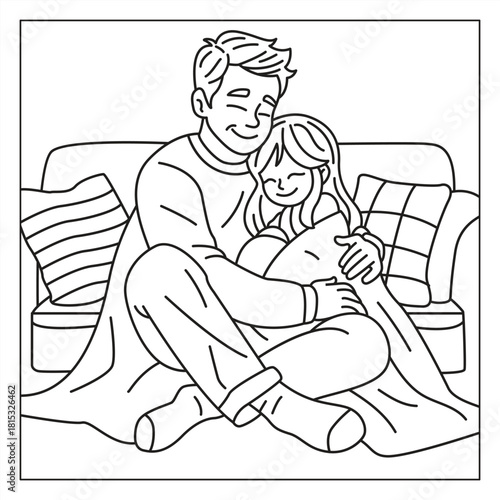 Father and kids coloring pages Dad with children activities line art illustration