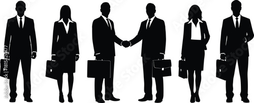 Business team silhouettes standing together with two businessmen shaking hands, representing partnership, teamwork, leadership, cooperation, corporate success, and professional unity.