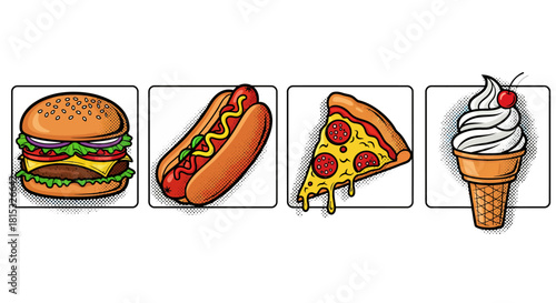 Four popular fast food items including a hamburger, hot dog, pizza slice, and ice cream cone in separate frames.