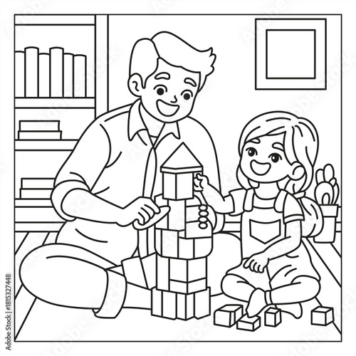 Father and kids coloring pages Dad with children activities line art illustration