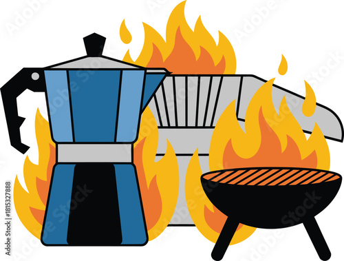 Blue Moka Pot, French Press, and Grill with Flames Illustration on White Background