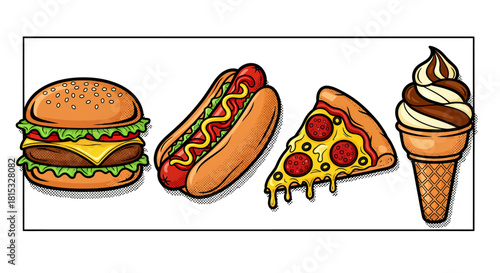 Cartoon image of a hamburger, hot dog, pizza slice, and ice cream cone.