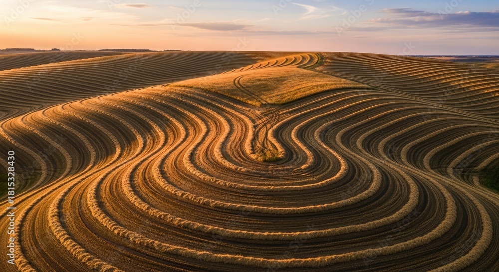 Naklejka premium Aerial view of rolling hills with unique patterns during sunset.