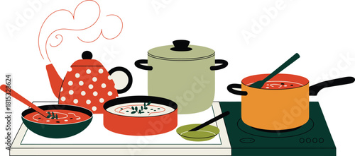 Artistic Kitchen Polka Dot Kettle, Bowls of Soup, and Cooking Pot Illustration Style
