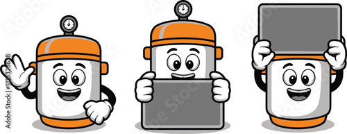 Cartoon Boiler Characters Presenting a Blank Signboard, Mascot Illustration for Your Message or Product