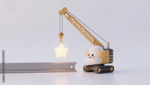 Heavy construction industry development site with yellow tower crane, building, and machinery equipment