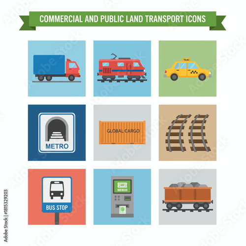Commercial and public land transport icons set with truck, train, taxi, metro, container, tracks, bus stop, ticket machine, coal wagon.