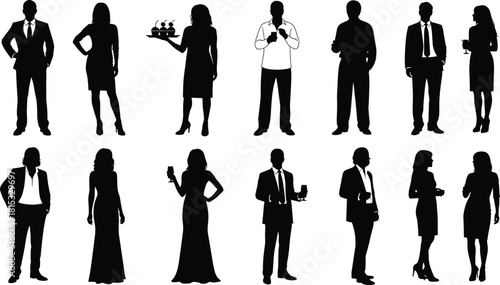 Business and party people silhouettes standing, talking, holding drinks, presenting elegant professional outfits, corporate event illustration, stylish group character collection