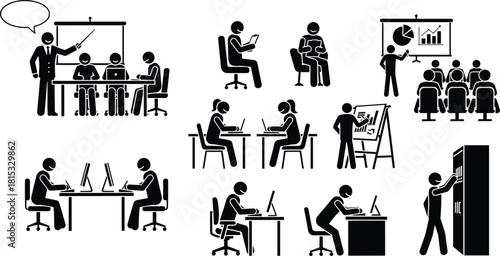 Business Meeting Office Working Presentation Training Education Stick Figure Pictogram Icon Set Black Silhouette Vector Illustration Graphic Collection.