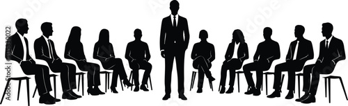Business meeting silhouette illustration with diverse professionals seated in a circle, leadership concept, teamwork discussion, corporate group communication artwork