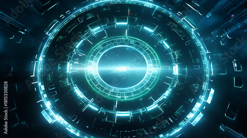 Abstract Futuristic Technology Background with Glowing Blue Green Digital Circle. Cyber Security Data Network Concept.