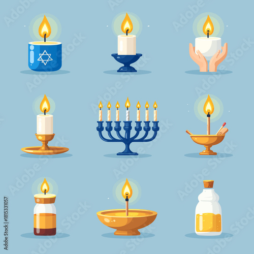 A collection of Hanukkah symbols including a menorah, candles, and oil on a light blue background.