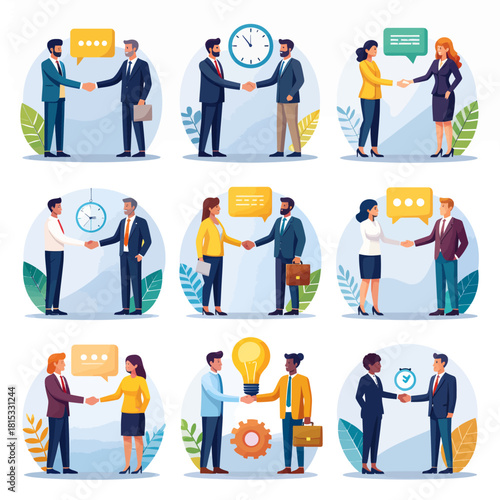 Illustrations of business people shaking hands, symbolizing agreement and collaboration.
