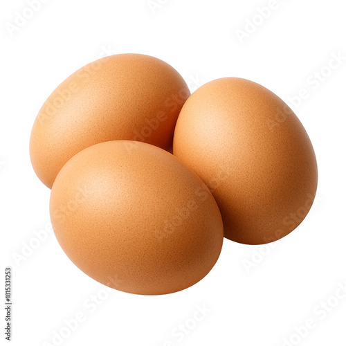 Three raw brown chicken eggs clustered isolated on transparent background PNG