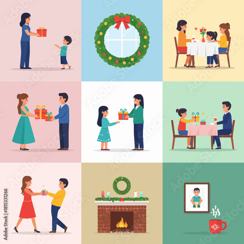 Collage of family holiday scenes: gifts, meals, decorations, and portraits.