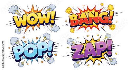 Comic book style sound effects with explosion bursts and smoke clouds, featuring words like WOW, BANG, POP, and ZAP.