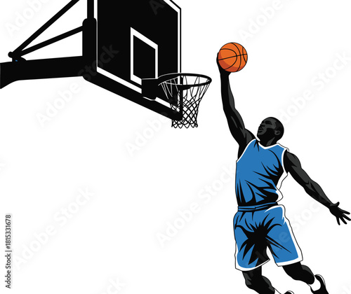 Basketball player jumping for slam dunk, athletic action silhouette, sports performance, dynamic basketball scene, professional athlete scoring motion, competitive game moment