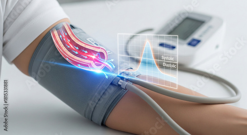Closeup of a persons arm with a blood pressure cuff attached, showing a glowing, animated visualization of blood flow and heart rate, representing health monitoring and medical technology