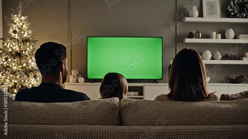 Family Watching Green Screen TV Together in a Cozy Living Room at Christmas.
