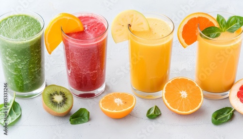 Fototapeta Naklejka Na Ścianę i Meble -  Vibrant close up of a healthy smoothie in a glass surrounded by tropical fruits and natural light