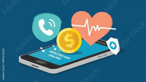 Wallpaper Mural Isometric Smartphone Displaying Healthcare Online App with Floating Medical and Insurance Icons Torontodigital.ca