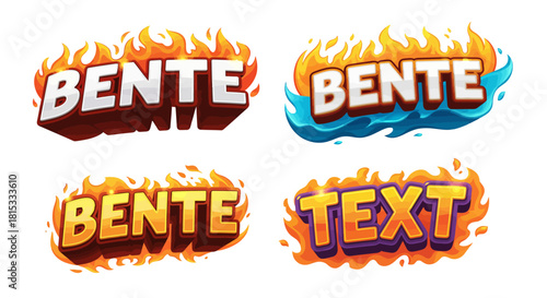Set of four vibrant, fiery text effects for game titles or logos, featuring the name 'Bente' and a generic 'Text' example.
