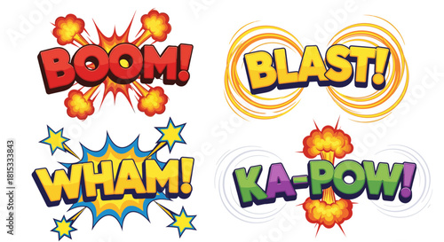 Comic book sound effects in vibrant colors, including 'BOOM!', 'BLAST!', and 'WHAM!'.