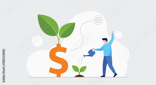 Person watering a dollar sign plant and a small seedling, representing financial growth and investment