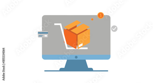 Online shopping cart with a package on a computer screen