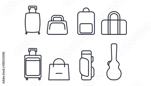 Travel, Luggage, and Bag Accessories Line Icon Set: Rolling Suitcases, Carry-on, Backpack, Duffle Bag, Shopping Bag, Golf Bag, and Guitar Case for Vacation, Journey, and Transportation