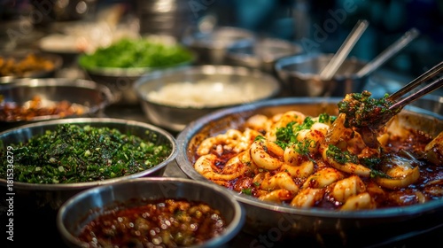 Colorful assortment of spicy shrimp dish with herbs and garnishes served alongside vibrant side dishes in metallic bowls on a bustling table