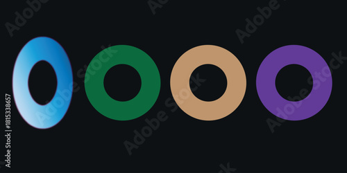 Four colorful donut shapes arranged in a row against a dark background, creating a simple and modern design