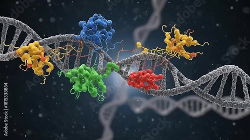 DNA Replication Process Colorful Proteins and Genetic Code Visualization.