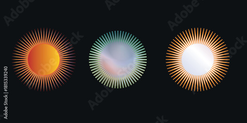 Three abstract suns with different colors and textures on a create a modern design