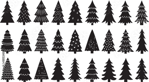 Collection of diverse black silhouette Christmas trees with decorative patterns winter