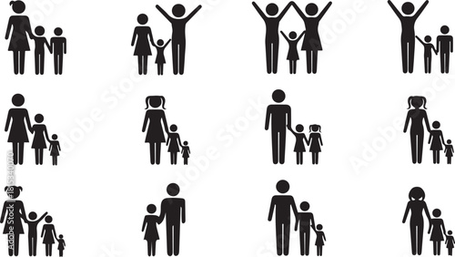 Collection of family icon symbols with parents and children in various poses Keywords: family, icon, symbol
