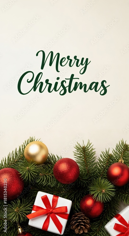 Obraz premium Merry Christmas festive holiday greeting card design with evergreen branches, red and gold ornaments, and gift boxes