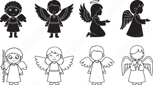 Set of Black and White Angel Silhouettes and Line Drawings angels cherub
