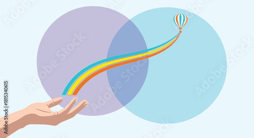 A hand releasing a hot air balloon with a rainbow trail into two overlapping circles