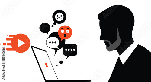 Silhouette of a man looking at a laptop screen with social media icons and emojis emanating from it