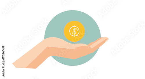 Hand holding a coin with a dollar sign, representing financial transaction and wealth, isolated on