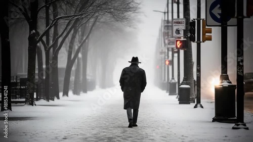 Winter Snow Street Walking Man Solitary Contemplation Solitude Outdoor Weather Moody Atmosphere Lone Man Fedora Trench Coat Isolation Urban Lights Bare Trees Evening Snowfall Searchable SEO URL