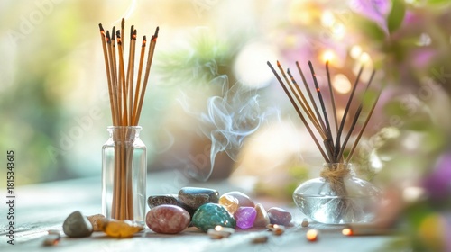 healing crystals, polished stones, and incense sticks, set on a blur background