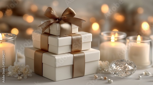 Stacked white gift boxes with golden ribbons create an elegant holiday composition focused on luxury gifting. The scene conveys Christmas celebration, premium style, winter decoration and seasonal