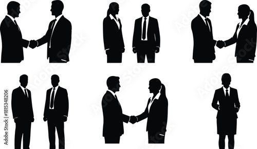 Business people silhouette set, handshake and meeting poses, corporate interaction vector, formal attire illustration, cad drawing flat vector illustration